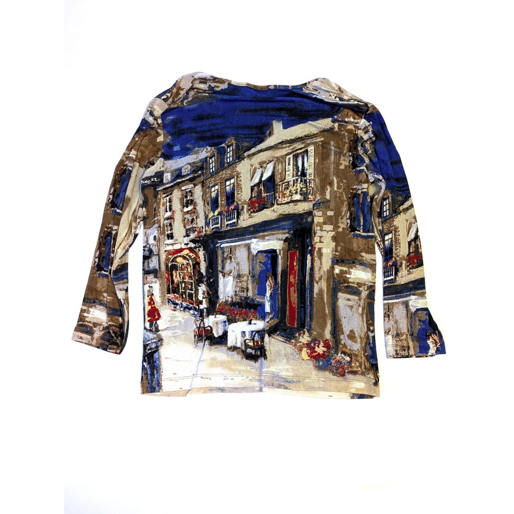 Chicos Travelers Blue Parisian Street Scene V-Neck Top Size 1 Medium - Picture 2 of 5